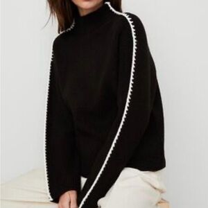 Black Cashmere Turtleneck Sweater with White Stitching Size Medium